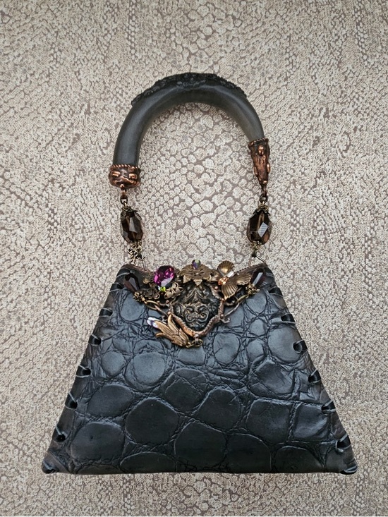 Maya Handbags - Maya Black Croc-Texture Mini Top-Handle Bag with Antique Gold Accents